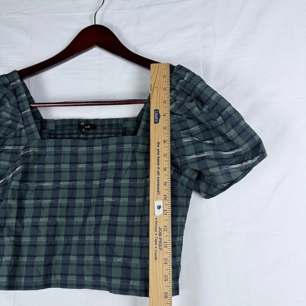 Madewell Plaid Puff Sleeve Top Womens Small Green Smocked Crop Cottagecore Twee